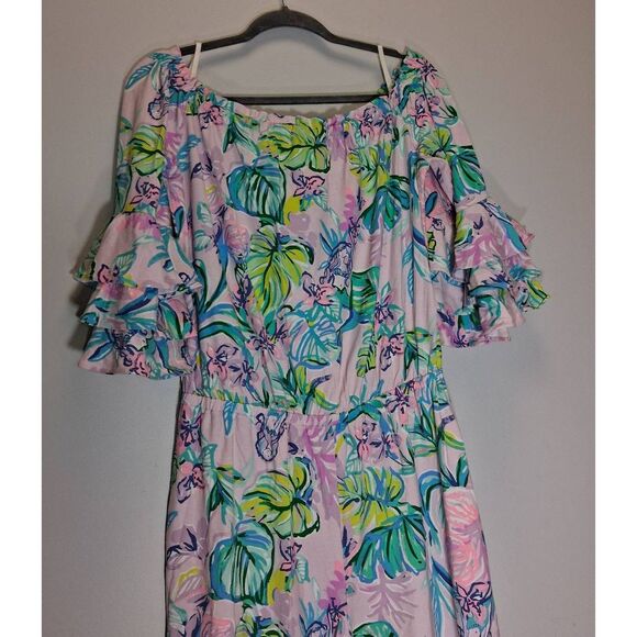 Lilly pulitzer womens medium off shoulder boat neck romper pink green - Picture 4 of 11